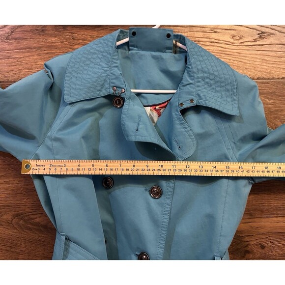 Tulle Turquoise Trench Coat Floral Bird Lining Belted Double Breasted Women’s M - Picture 5 of 9